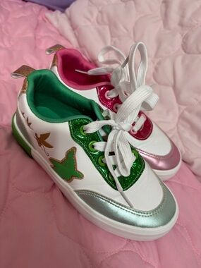 Kids White Sneakers with Green & Pink Accents
